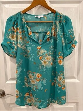DR2 Teal Floral Split-Neck Short Sleeve Blouse